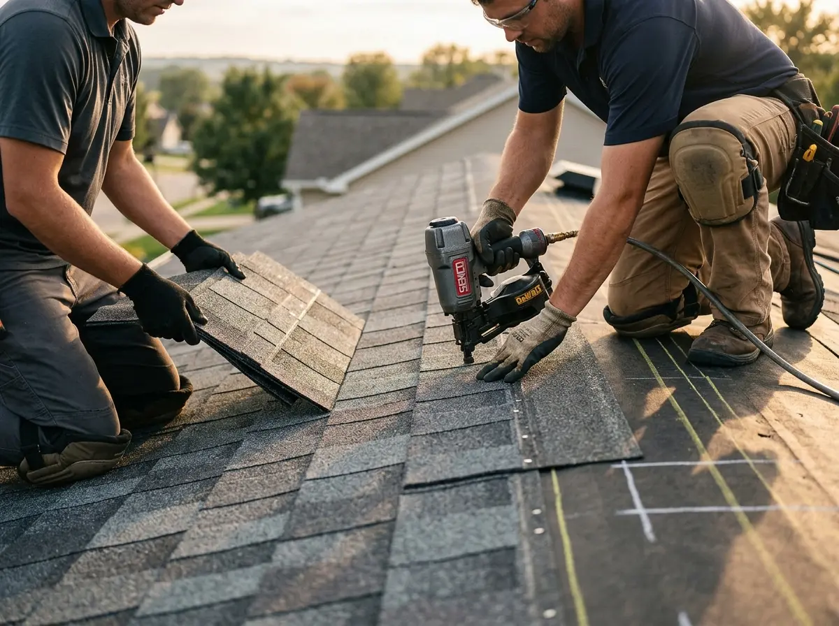 Professional roofer working on a residential roof in Lackland AFB